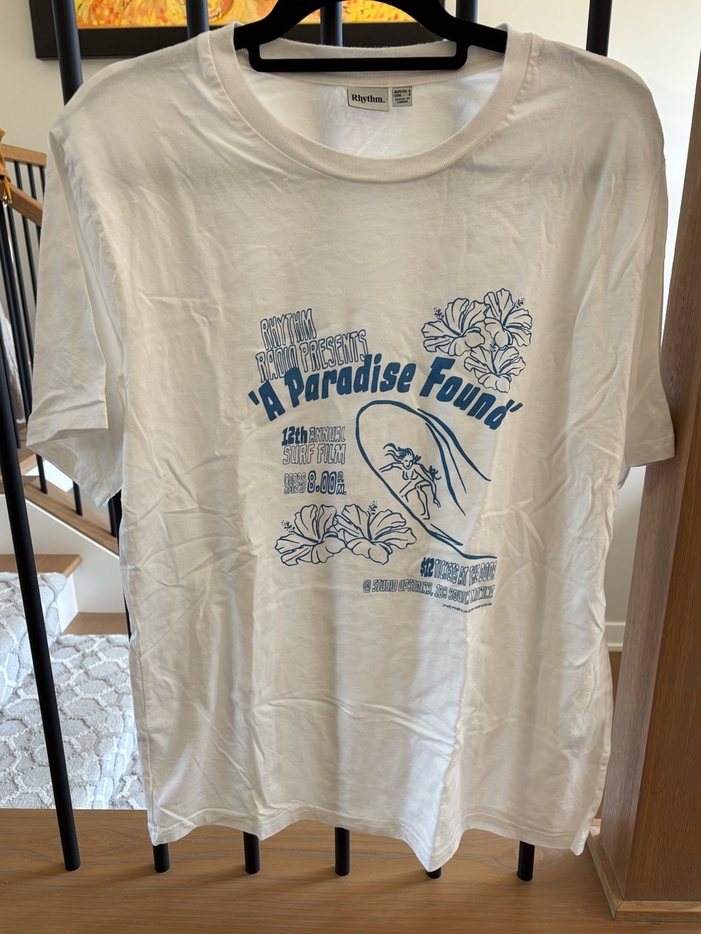 Rhythm. Oversized White with Blue Graphic Short Sleeve Graphic T-Shirt